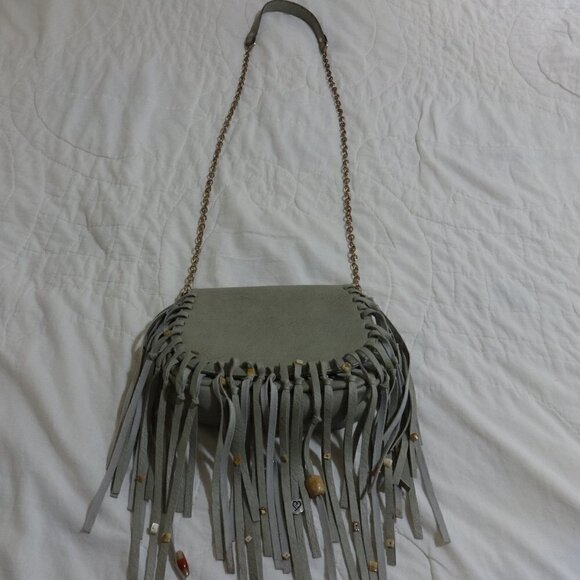 Fringed with beads sage green hippie or boho bag, faux leather, cow girl core - Picture 1 of 14
